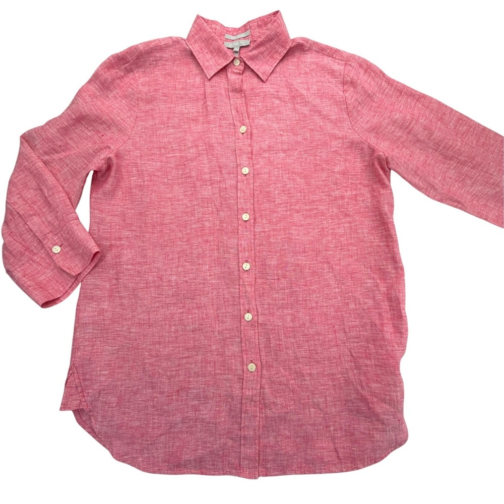 Hinson Wu Shirt Womens 4 Pink Luxe Linen Button-Up Tunic Relaxed Fit Long Sleeve